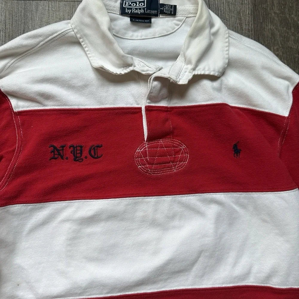Vintage Polo Ralph Lauren Rugby Shirt L White Red Long Sleeve Chief Keef RARE